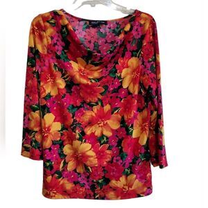 Jones New York Orange Yellow Pink Multicolored Floral Print Blouse Sz Large
